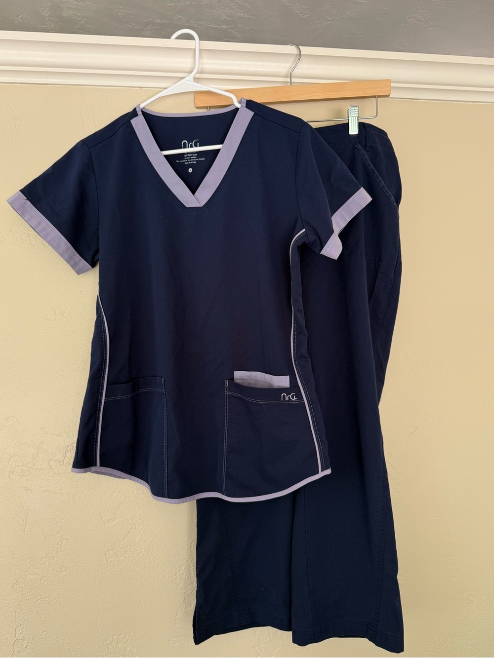 DISCONTINUED NRG Navy Scrub Top With Lavender Trim & Matching Navy Pants
